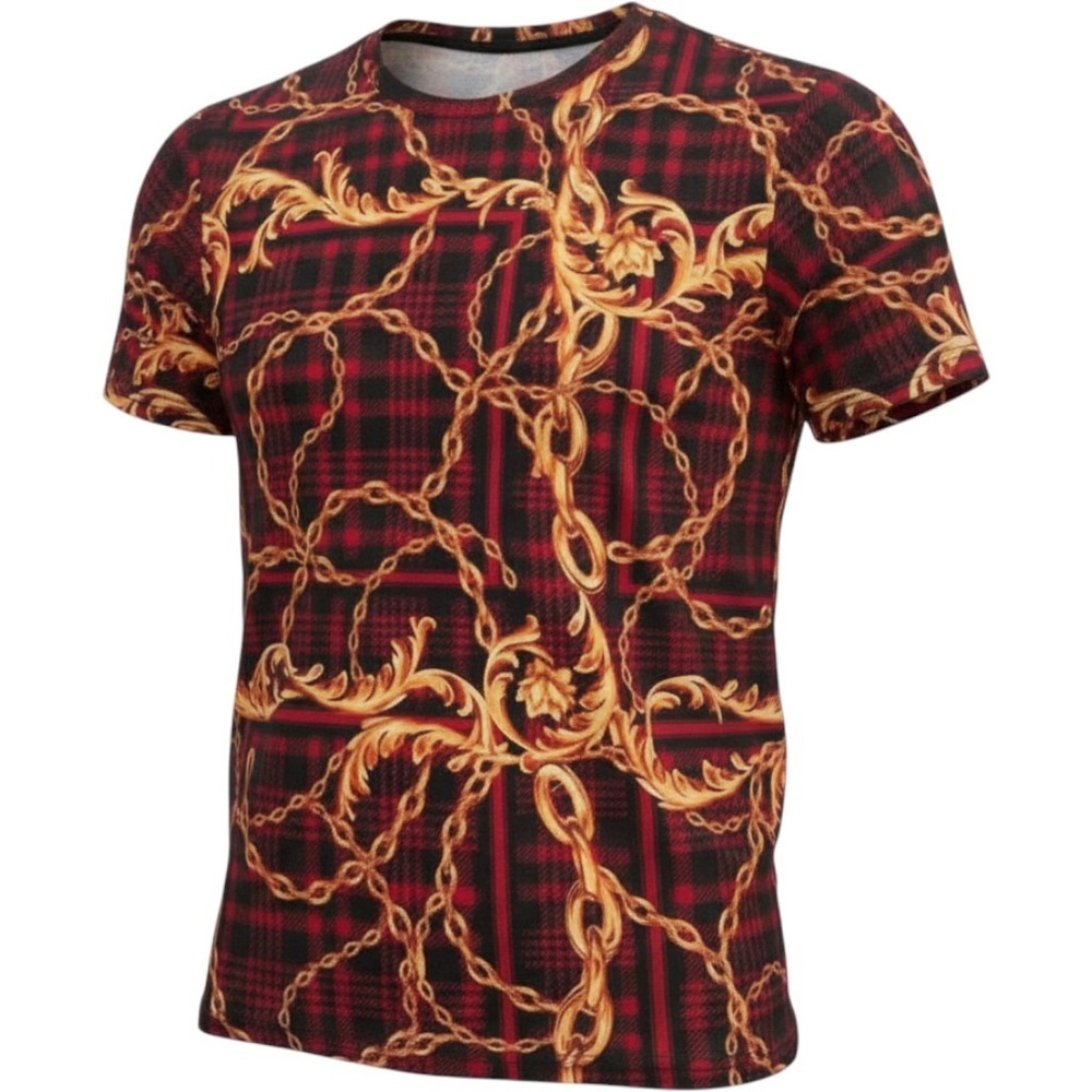 Guess Mens Baroque Gold Chain Plaid Print T-Shirt Large Red Black Crew Neck Tee